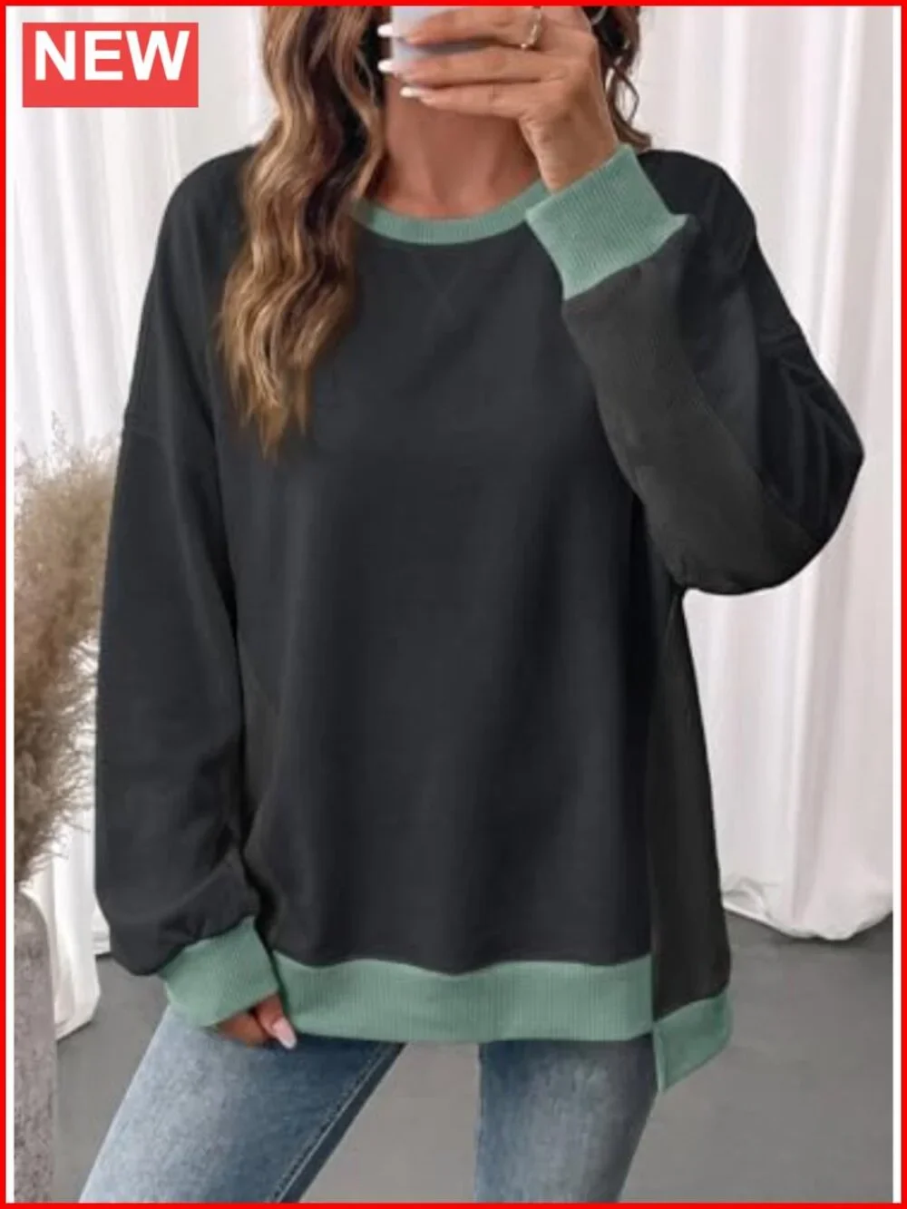 Waffle Knit Color Block Oversized Long Sleeve Sweatshirt